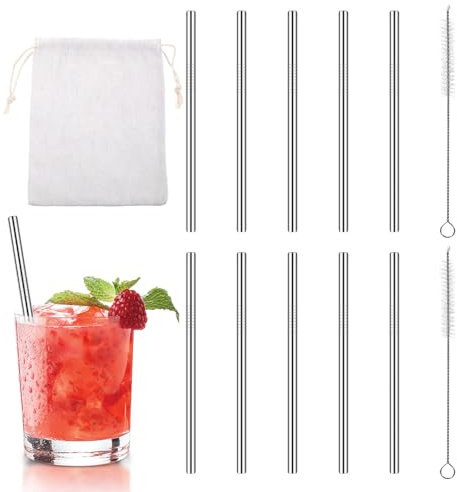 Confezione da 10 cannucce corte da cocktail in metallo da 11,9 cm, riutilizzabili, in acciaio inox, con spazzola per la pulizia, per tazze da caffè, piccoli bicchieri o tazze