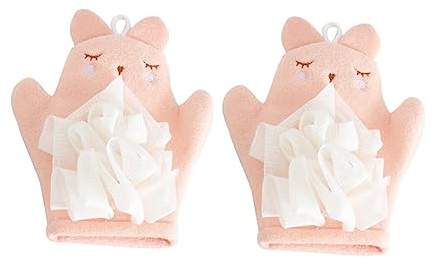 Gogogmee Lot de 2 Moufles Exfoliants de Bain pour Bébé Taille Moyenne Couleur Rose Clair Double Face Lanière Pratique pour Bain et Soins Quotidiens