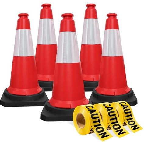75CM Traffic Cones with 2” x 50 meter Caution Tape, High Visibility Safety Cone with Reflective and PVC Black Base, 30 Inch PE Portable Road Cones for Street, Wind Resistant Traffic Cone (Set of 5)