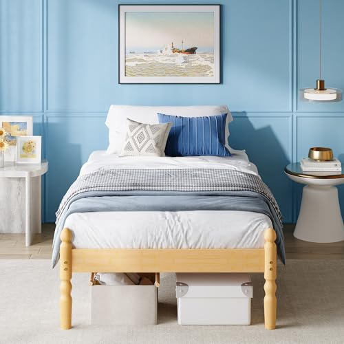 Hunlostten Solid Wood Single Bed Frame | Eco-Friendly Bamboo Wood Bed Platform, Slatted Base Breathable wooden Bed, Nordic Style for Bedroom/Guesthouse/Rental Apartment, Easy Assembly