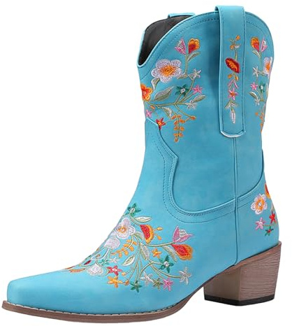 Xbemkste cowboystövlar dam läder blommönster broderi västerländska stövlar halvskaft damstövlar slip-in medelhöga stövlar traditionella stövlar vintage ankelstövlar, Ljusblå, 40.5 EU