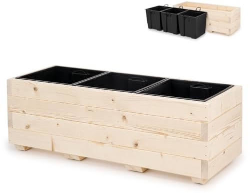alfalux Blumentopf Holz - Pflanzkübel Übertopf Blumenkasten - mit DREI Kunststoffeinsätzen Herausnehmbar - 91 x 33 x 32 cm - Naturholz 91KAN3332