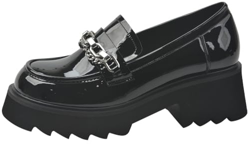 Mocasines con Plataforma para Mujer con Detalle de Cadena Suela de Tacos Gruesa Cuero Patentado Slip On Estilo Gótico Zapatos de Vestir para Oficina y Casual,Black(Thick),43 EU