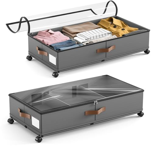 Fushabana 2 Stück 48L Unterbett Aufbewahrung mit 360° Rollen und Deckel | Unterbettkommode Bettkasten mit 2 Abnehmbare Trennwände, Metallrahmen, Unterbettbox Schublade für Kleidung Schuhe 78×42×17cm