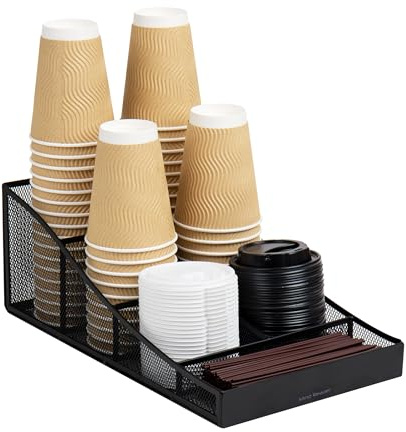 Mind Reader Network Collection, 7-Compartment Coffee Cup and Condiment Countertop Organizer, Metal Mesh, 8.5 L x 14.5 W x 5.25 H, Black