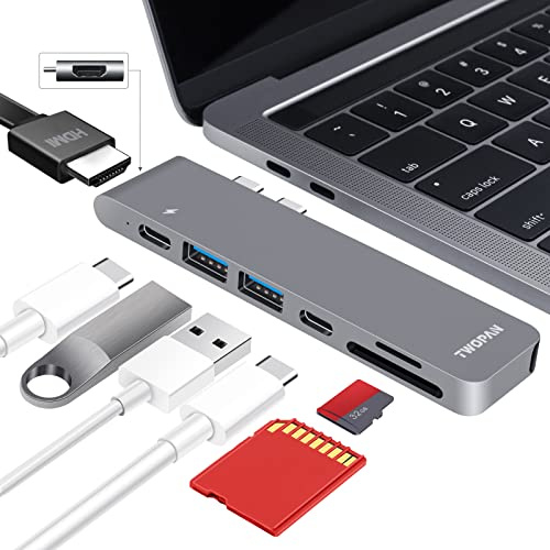 TWOPAN Hub USB C para MacBook Pro, Adaptador multipuerto USB C 7 en 2 a HDMI 4K, Puerto Thunderbolt PD, Puertos USB 3.0, Lector de Tarjetas SD/TF para MacBook Air/Pro 2020/2019/2018