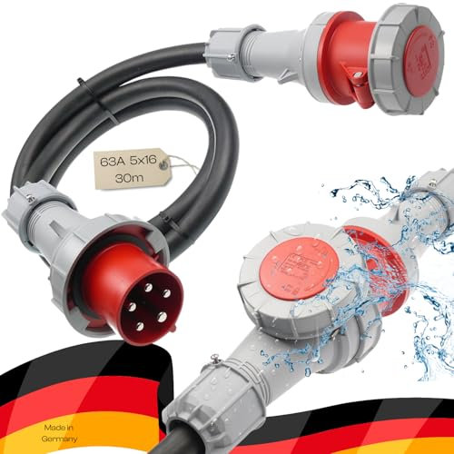 maxgo CEE-Verlängerungskabel Starkstromkabel Kraftstromkabel Verlängerungsleitung 30 Meter Gummileitung H07RN-F 5x16mm² 63A PCE Wasserdicht IP67 für Außenbereich 30m