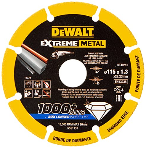 DEWALT DT40251-QZ - Disco de Corte con borde diamantado Extreme Metal 115x1.3x22.3mm, Yellow