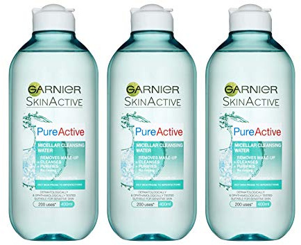 Garnier Pure Active Micellar Facial Cleansing Water for Combination, Oily and Sensitive Skin, Purifying Face and Eye Make-up Remover and Cleanser, 400 ml Pack of 3