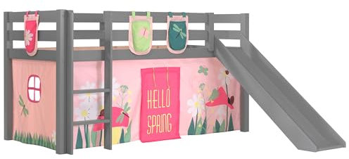 Vipack Spielbett Pino inkl. Rutsche mit Textilset Vorhang und 3 Taschen Spring Kiefer massiv grau lackiert