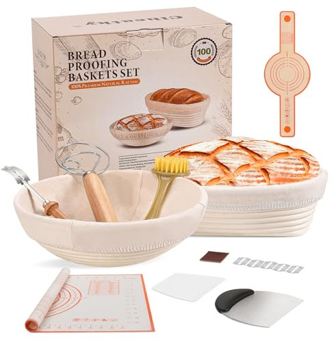 Clheatky Cestino Lievitazione Pane Set Da 2, 25cm Rotondo e Ovale Cesto Lievitazione Pan in Rattan Naturale, Utensili Completi per la Preparazione del Pane per Panettieri Professionisti e Casalingh