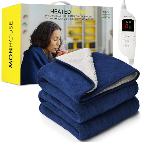 MONHOUSE 130X160 cm Soft Electric Sofa Blanket -Fleece Single Heated Throw With Digital Controller - Machine Washable Bed Throw, Timer up to 9 hours, 9 Heat Settings, Auto Shutoff - NAVY Sherpa