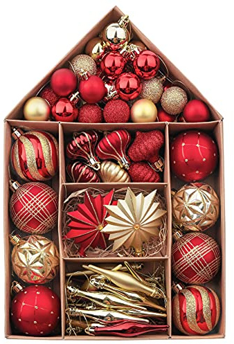Valery Madelyn 70pcs Shatterproof Christmas Baubles Pack, Traditional Red and Gold Christmas Ball Ornaments for Tree Decoration (L)