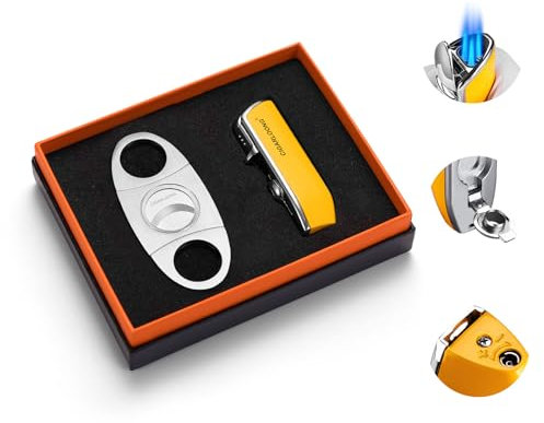 CIGARLOONG Cigar Cutter and Lighter Set Double Blade Simple Cigar Guillotine and 3 Jet Torch Blue Flames Refillable Lighter(Color:Yellow)