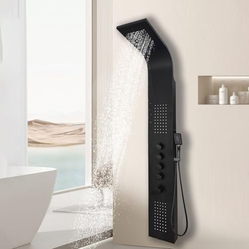 Elbe Panneau de Douche en Acier Inoxydable 304 - Thermostat, 2 Buses de Massage, Cascade, Tête et Douchette à Main - Noir