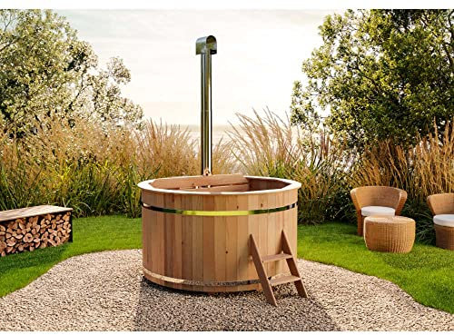 FinnTherm Holz Badefass Bergen, Hot Tub Ø 200 x 110 cm, inkl. Edelstahl-Ofen 22 kW und Einstiegsleiter, 6-8 Personen, Schwimmbecken, Badebottich, Sprudelbad