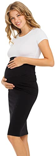 My Bump Women's Comfort Stretch High Waisted Tummy Control Midi Maternity Pencil Skirt Made in USA(Black ACTV, XL)