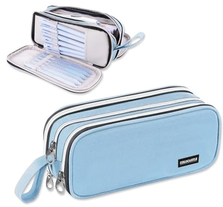 COLOCASTLE Federmäppchen Mäppchen Federmappe groß mit 3 Fächern Federtasche Mädchen Jungen Teenager Pencil Case Schlamppermäppchen für Schule Büro (Lichtblau)