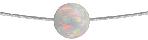 Weißer Opal-Kugel Halskette mit Edelstahl Collier Halsreif Versilbert | Weißer Opal Schmuck | Eleganter Anhänger für Stahlreif | Länge wählbar