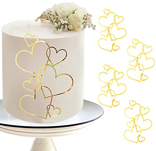 Personalised Cake Topper,5PCS Gold Love Heart Acrylic Birthday Cake Toppers,Cake Decorations for Wedding Bridal Anniversary Theme Party Decorations Supplies (Style A)