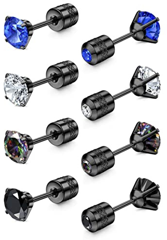 JeryWe 4 Paires Boucles d'oreilles en Titane G23 pour Hommes Femmes Petite Double Face Zircon Cubique Cartilage Piercings Boucles d'oreilles pour Oreilles Sensibles 5MM Hypoallergéniques