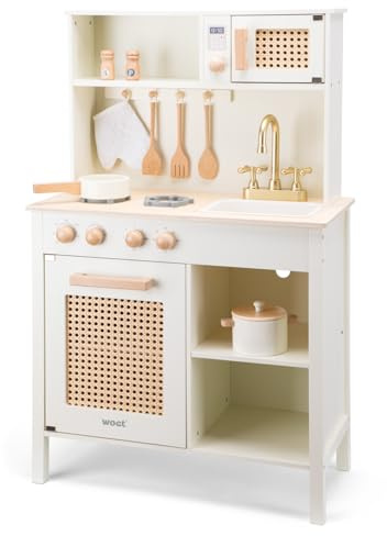 Woet® Cucina Giocattolo Rosa in Legno per Bambini - Dettagli in Rattan e Accessori - Set di Imitazione - A Partire da 3 Anni
