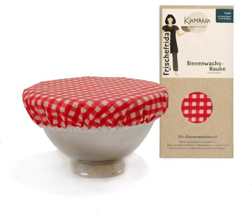 Kumanu | Bio-Bienenwachstuch - Frischhalte-Haube FRISCHEFRIDA | natürliche Frischhaltefolie mit dem Extrahalt | für Schalen von 22-26cm Durchmesser |handgemacht in Tirol (rot kariert)