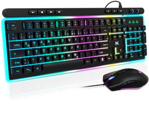 HLONONE Juego de Teclado y ratón para Videojuegos, retroiluminación LED arcoíris, Cable USB, Teclado ergonómico para PC Gamer y Oficina, diseño QWERTZ DE, Color Negro