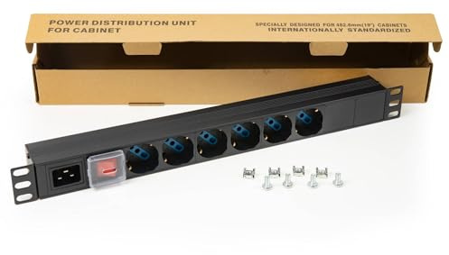 Connetto multipresa da rack CO10062 con interruttore luminoso e 6 prese universali/Schuko e italiane tripolari UNEL 2P+T 16A con connettore maschio C20, misure 48,5x4,5x4,5. Alette reversibili.