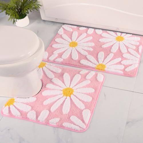 QJHOMO Badezimmerteppich-Set, 2-teilig, niedliches Gänseblümchen-Motiv, rosa WC-Vorleger, U-förmig, Blumen-Deko, Badezimmer-Set, rutschfeste Kontur-Badematte, super saugfähige Mikrofaser-Bodenmatten,