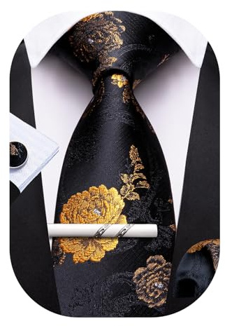 Barry.Wang Ensemble de cravates pour homme : cravate florale, carré de poche, boutons de manchette, pince à cravate - Cravates en soie classiques pour mariage, fête et travail - Lot de 4 pièces