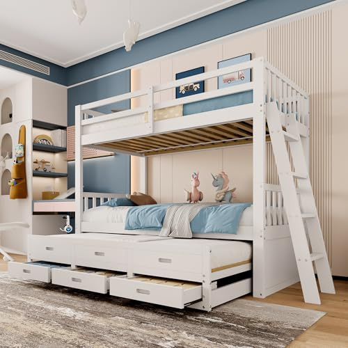 Ymkua Etagenbett Kinderbett 90x200 cm mit Stauraum, Hochbett mit Leiter und Rollbett, Jugendbett Bettgestell mit 3 Schubladen, Holzbett Bett mit Rausfallschutz und Lattenrost, Ohne Matratze (Weiß)