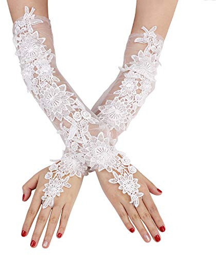 JNGUOSICN Gants de mariage en dentelle blanche - Mitaines longues en dentelle florale - Gants de soirée longs - Longueur coude - Gants transparents - Gants avec boucle de doigt - Gants de mariée en