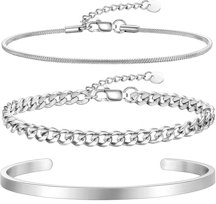 XUANPAI Armband Herren Silber Edelstahl - Silberarmbänder 2 Stück Set Dünne Armbänder für Männer Frauen Hochwertige Cuban Link Schlangenarmband Komfortables Armkette Geschenke für Freund Sohn Papa