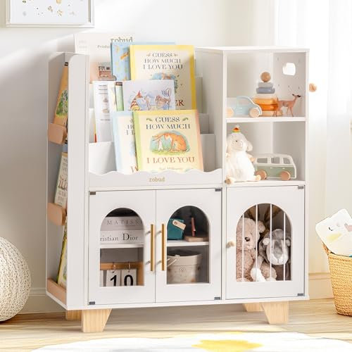ROBUD Kinder bücherregal Weiß, Holz Standregal,mehrstufig, mit Spielzeugaufbewahrungszone, Kinderschrank für große Bilderbücher, Kindermöbel