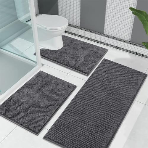 Enyhom Chenille Bath Mat Set, Luxury Soft Anti-Slip Bathroom Rug, Water Absorbent Machine Washable Toilet Mats Set for Bathroom Floor (Dark Grey, 45x65+45x120+U50x60cm)