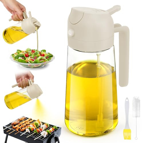 LWMTT Spruzzatore per olio 2 in 1, 470ml Spruzzatore Olio in Vetro, Olio Spray per Friggitrice Ad Aria, Nebulizzatore Olio, Spray Olio Cucina per Grigliare, Cuocere al forno, Insalata (Bianco)