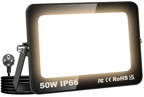 RIGIDON Faretto LED da Esterno con Spina, 50W 5000LM Fari di Sicurezza | 3000K Bianco Caldo, IP66 Impermeabile, Faretti Proiettore Led, Faro Lampada per Giardino Cortile Garage Officina Patio