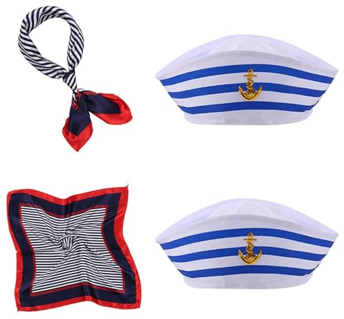 GWAWG 4 stycken randig sjömansmössa och halsduksset, kaptenen, sjöroskostymset, maritim 3-delat set för kvinnor och män, kostymtillbehör