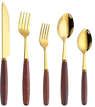 Utensils Silverware Cutlery Set of 5-Piece,18 10 Stainless Steel Wooden Handle Mirror-Polished Dishwasher Safe Home,Kitchen Including Knife Fork Spoon and Teasp