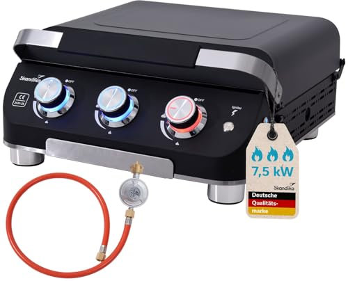 Skandika Gasplancha Palo | Piastra grill a gas senza/con coperchio Plancha, 3 bruciatori, vassoio di sgocciolamento, grill a gas trasportabile con piastra di cottura (con coperchio)