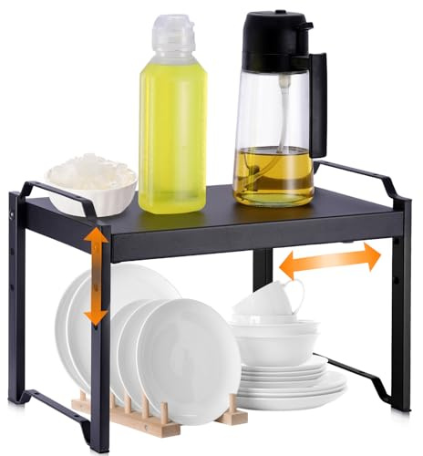 Ripiano Organizzatore per Cucina, Scaffale Espandibile 32-53cm per Pensili, Ripiani Resistente per Top Cucina, Scaffalatura Regolabile in Nero con 3 Altezze, Organizzatore per Desktop e Mobili
