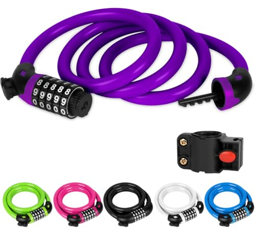 Ainiv Bike Lock, High Security 5-Digit Combination Coiling Cable Lock, 1.2mx12mm, Heavy Duty Bike Lock with Mounting Bracket, for Bike, Motorbike, Scooter, Gate, Fence, Purple