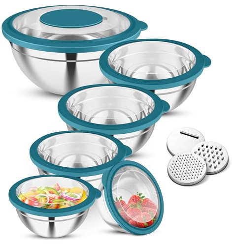 Joyfair blandningsskål set om 6, rostfritt stål skål med transparent lock & 3 rivtillbehör, 4,5 l/2,7 L/2 L/1,5 L/1,2 L/0,7 l, salladsskål för matlagning bakning, stapelbar & diskmaskinssäker, blå