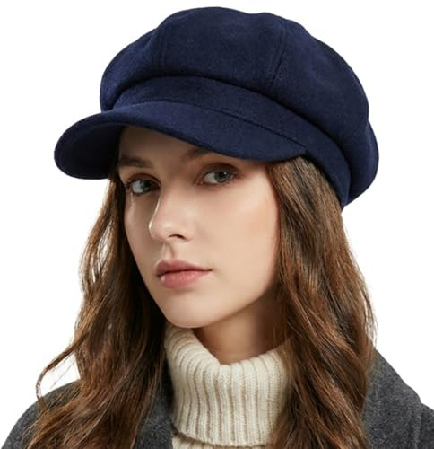 howkuhat Premium Beret Newsboy Cap Women Baker Boy Hat for Women Retro Wide Brim Adjustable Solid Color Winter Warm Womens Hats Painter's Hat(UK, Alpha, One Size, Navy Blue)