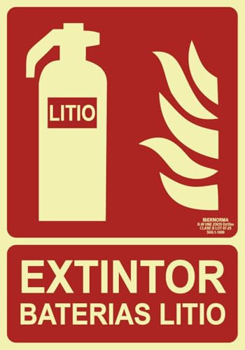 IberNorma FPA101-3 Señal Extintor Baterías de litio 21x30cm Clase A D≤10m PVC Luminiscente Homologada nueva UNE 23034:2023 y RIPCI (Clase A)