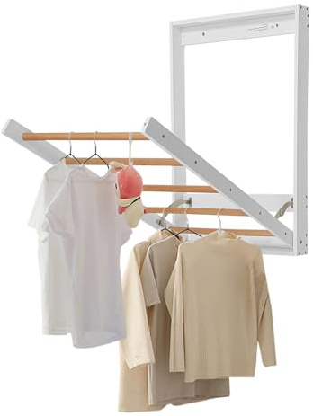 MaegnzEay Wall Mount Clothes Drying Rack for Laundry, Foldable Wall Mount Laundry Rack with 5 Rods Foldable Wooden Clothing Dryer Racks for Bathroom, Bedroom, Balcony