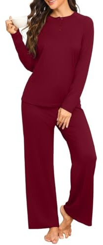 PrinStory Set Pigiama da Donna a Maniche Lunghe Henley Pjs Abbigliamento da Notte Pantaloni a Gamba Larga con Tasche, Rosso vinaccia, XL