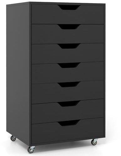 GIANTEX Rollcontainer mit 4 Schubladen & 2 Schränke, Aktenschrank mit Rollen, Schubladenschrank Holz unter Schreibtisch, Druckertisch für Zuhause & Büro (Schwarz,49 x 40 x 87 cm)