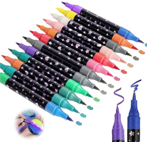 24 Färger Glitterpennor, 12 Dubbelspetsade Glittermarkörer, Akrylfärgpennor med Glitter Vattentätt för Färgläggning, Ritning, DIY-projekt